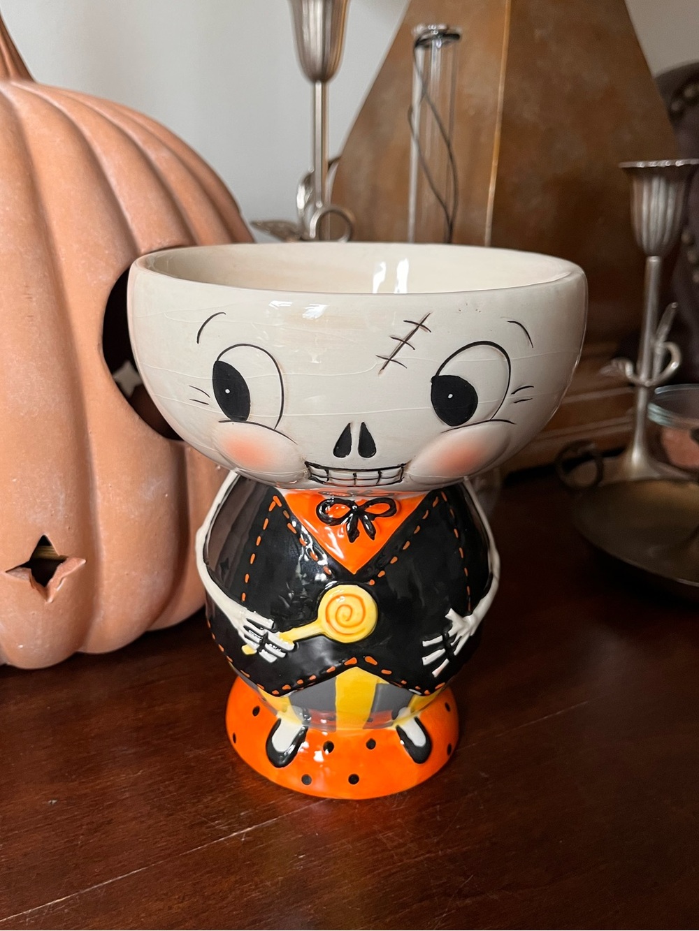 Johanna Parker Skeleton Buddy Bowl Ceramic Candy Dish Holder Vintage-y Halloween